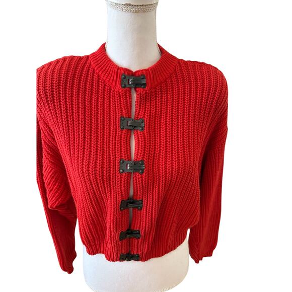 Vintage Liz Claiborne Liz Wear Chunky Knit Cropped Cotton Cardigan Sweater Red - Picture 1 of 6